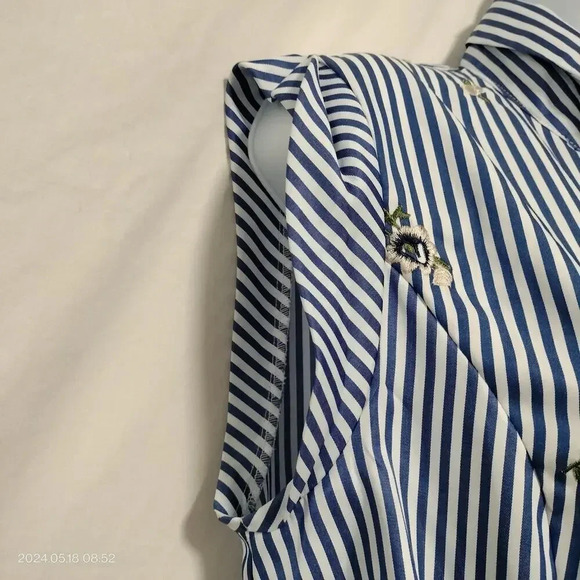 Lucy Paris size Large Blue White Striped Embroidered Shift Button Up Dress - Picture 4 of 11